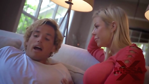 Sexy blonde fucked by a dildo and huge cock